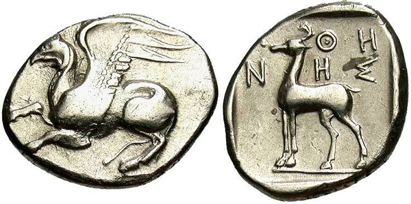 Крылатый грифон на древнегреческой драхме. 450-400 г.г. до н.э.
