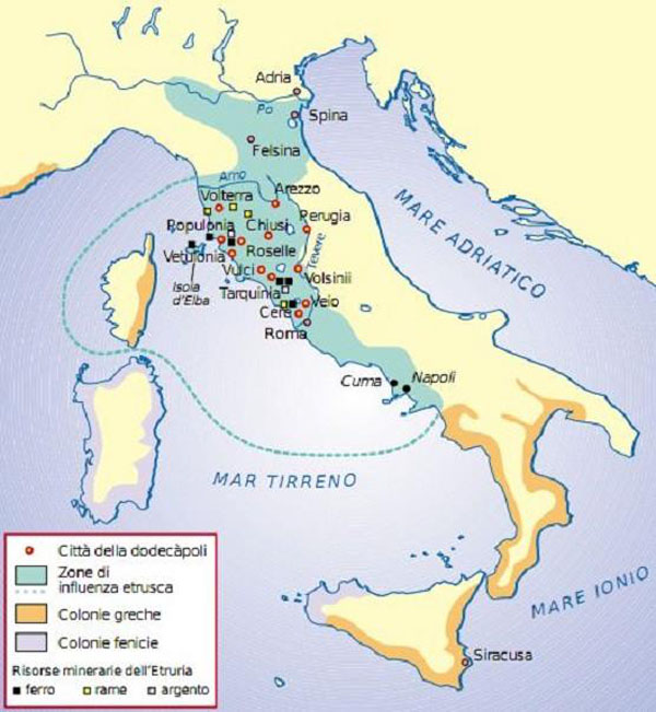карта-перв. дни Рима- 6 в. н.э.-Этруски, греки, финикийцы и карфагеняне