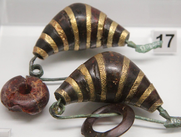 фибулы (броши) из золота, янтаря и бронзы в форме пиявки - 7 в. до н.э.
